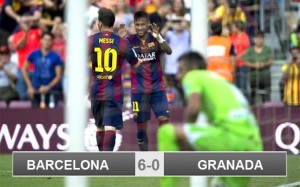 Messi celebra con Neymar il suo gol nº 401 (foto www.sport-english.com)